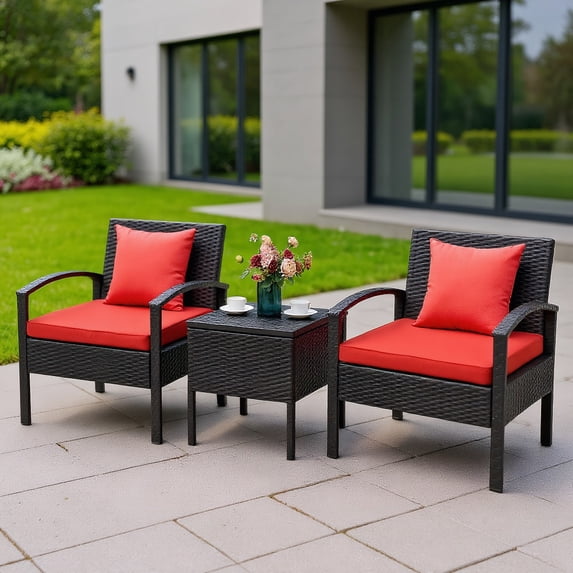 GVN 3 Piece PE Rattan Wicker Sofa Set, Outdoor Patio Furniture Set Washable and Removable Cushion, Red