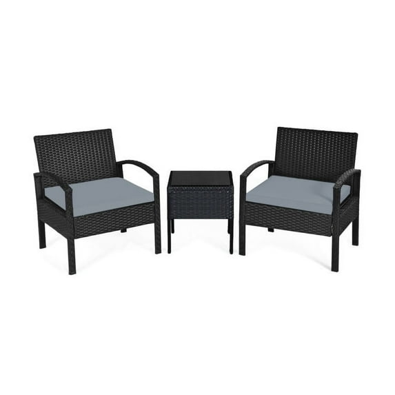 GVN 3 Piece Patio Conversation Bistro Set, Balcony Furniture Outdoor Rattan Patio Chairs Set with Side Table, Rattan Patio Set for Garden Porch Yard, Gray