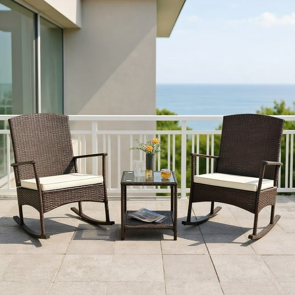 GVN 3 Piece Patio Rocking Set Wicker Rocking Chairs, Deluxe Outdoor Patio with 2-Tier Coffee Table-Off White