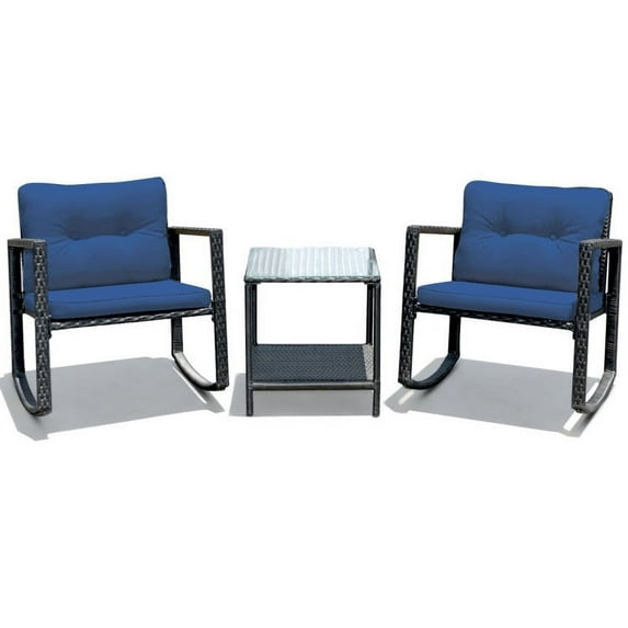 GVN 3 Piece Rocking Bistro Set with Cushioned Sofa , Outdoor Furniture with Rocker Chairs and Coffee Table Set of 3, Balcony, Porch Furniture for Small Space, Navy