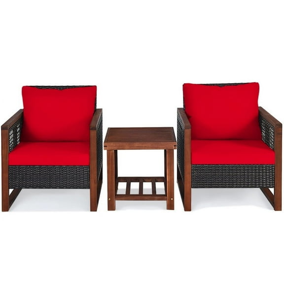 GVN 3 Pieces Acacia Wood Patio Furniture Set Outdoor Furniture Garden Conversation Sets with Coffee Table-Red
