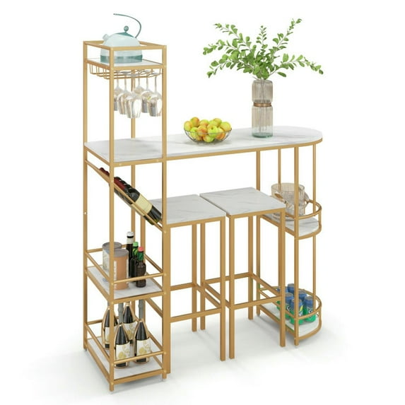 GVN 3 Pieces Bar Table Set with Storage Shelves and Wine Rack-Golden