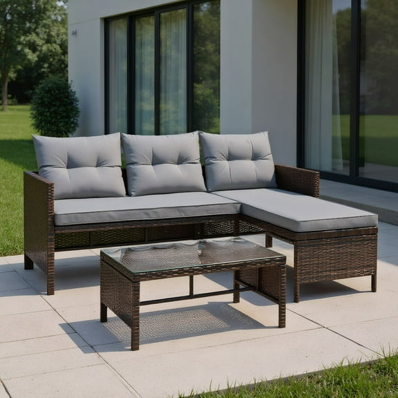 GVN 3 Pieces Outdoor Sectional Sofa, Patio Furniture Sets, All-Weather Rattan Wicker Sofa Small Patio Conversation Couch with Washable Cushion and Table, Gray