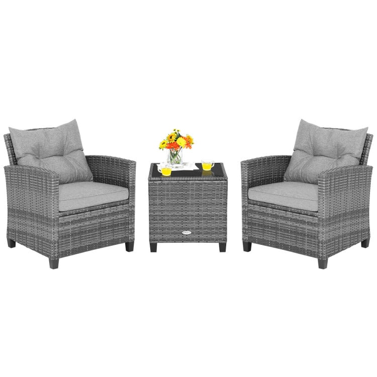 GVN 3 Pieces Outdoor Wicker Conversation Set with Tempered Glass Tabletop-Gray, Outdoor Sofa Sectional , Coffee Table for Patio Back Deck, Balcany, Poolside