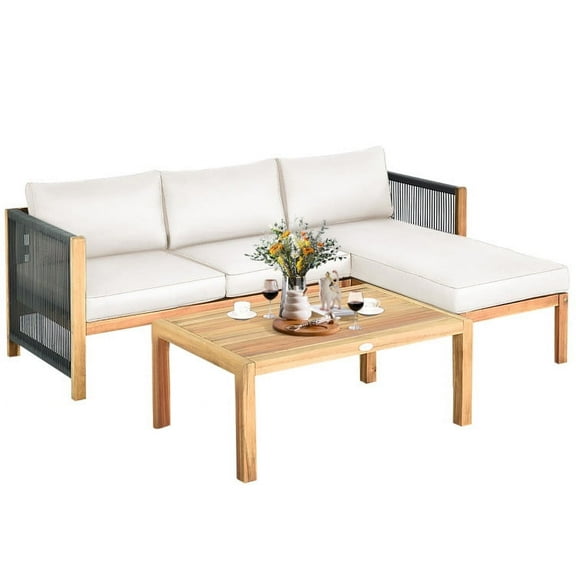 GVN 3 Pieces Patio Acacia Wood Sofa Furniture Set with Nylon Rope Armrest-White, Outdoor Sofa Sectional , Coffee Table for Patio Back Deck, Balcany, Poolside