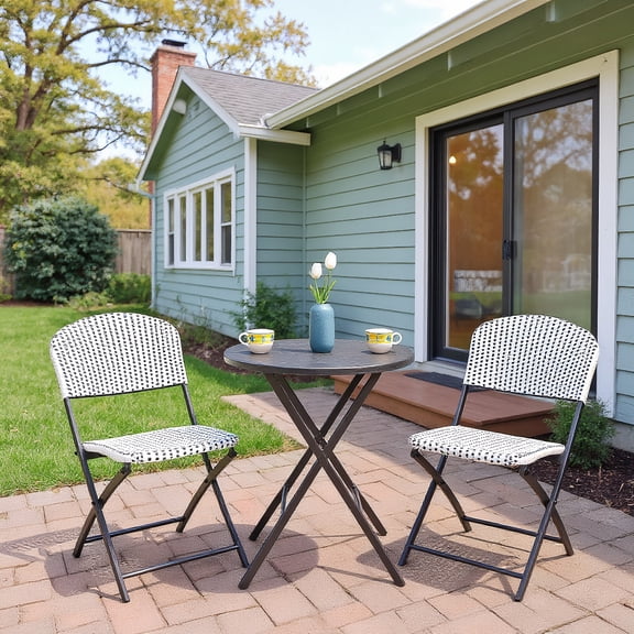 GVN 3 Pieces Patio Rattan Bistro Set, Deluxe Outdoor Patio with Round Dining Table and 2 Chairs