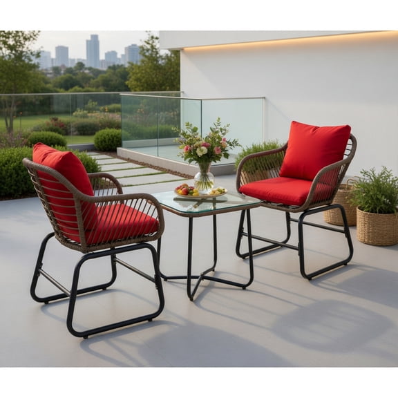 GVN 3 Pieces Patio Rattan Bistro Set, Outdoor Patio Rattan Conversation Bistro Set, Cushioned Chair Glass Table Deck-Red