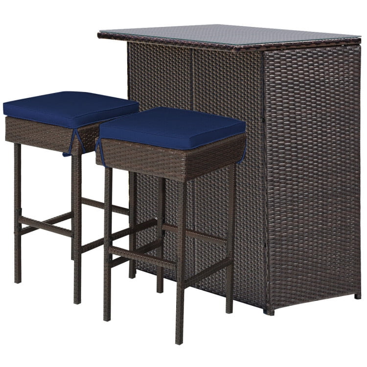 GVN 3 Pieces Patio Rattan Wicker Bar Table Stools Dining Set-Navy & Off White, Outdoor Sofa Sectional , Coffee Table for Patio Back Deck, Balcany, Poolside GVN 3 Pieces Patio Rattan Wicker Bar Table Stools Dining Set-Navy & Off White, Outdoor Sofa Sectional , Coffee Table for Patio Back Deck, Balcany, Poolside