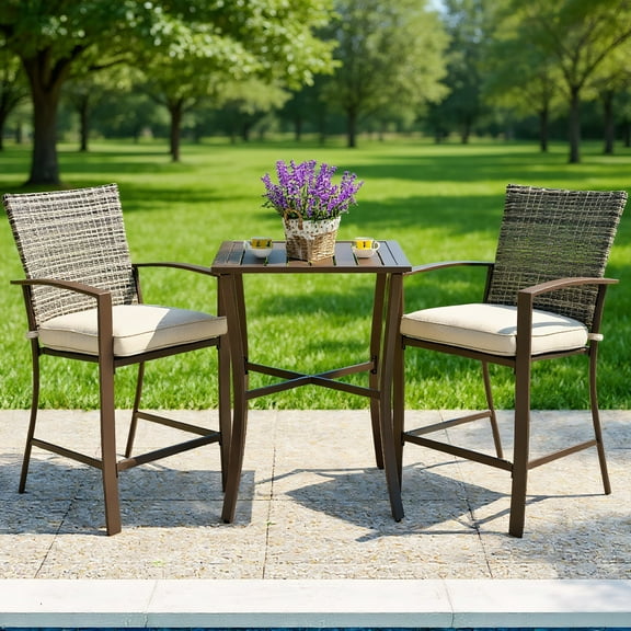 GVN 3 Pieces Rattan Bar Furniture Set with Slat Table and 2 Cushioned Stools-Brown, Outdoor Furniture Chairs for Backyard, Porch, Garden, Poolside