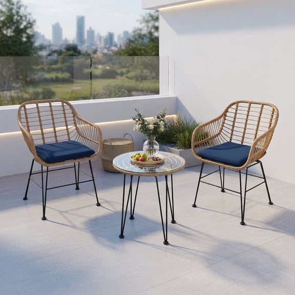 GVN 3 Pieces Rattan Furniture Set, Outdoor Patio Rattan Conversation Bistro Set with Cushioned Chair Table-Navy
