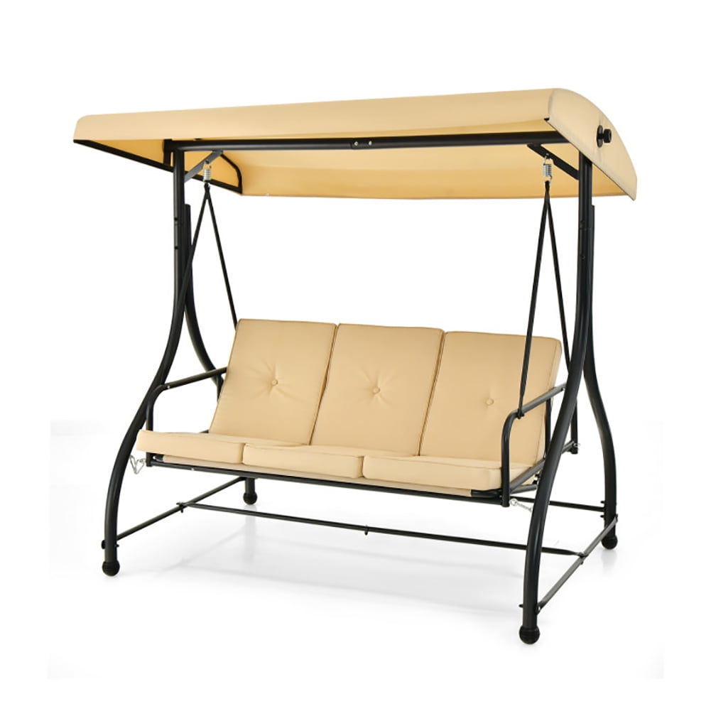 GVN 3 Seat Outdoor Porch Swing with Adjustable Canopy-Beige, Porch Swing Hanging Bench, Outdoor Swing Bench for Patio, Yard, Garden GVN 3 Seat Outdoor Porch Swing with Adjustable Canopy-Beige, Porch Swing Hanging Bench, Outdoor Swing Bench for Patio, Yard, Garden