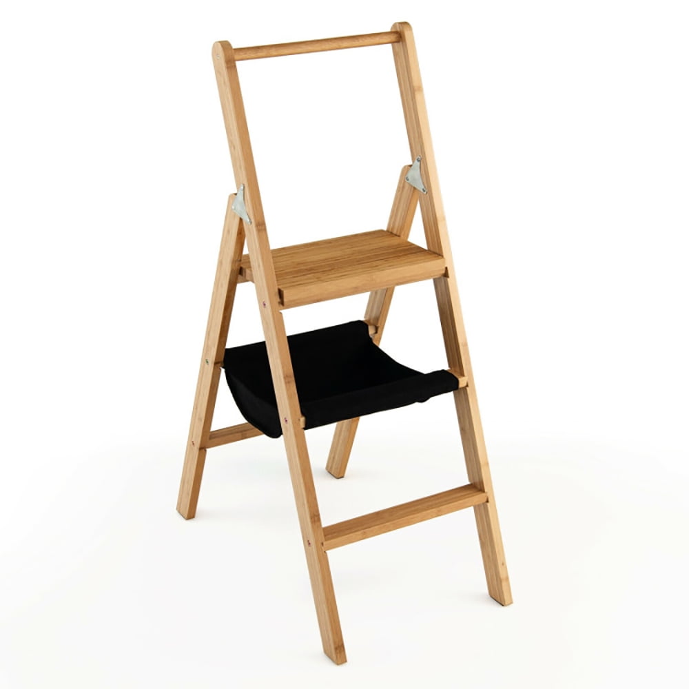 GVN 3 Step Foldable Bamboo Step Ladder Stool with Tool Storage Bag-Natural GVN 3 Step Foldable Bamboo Step Ladder Stool with Tool Storage Bag-Natural
