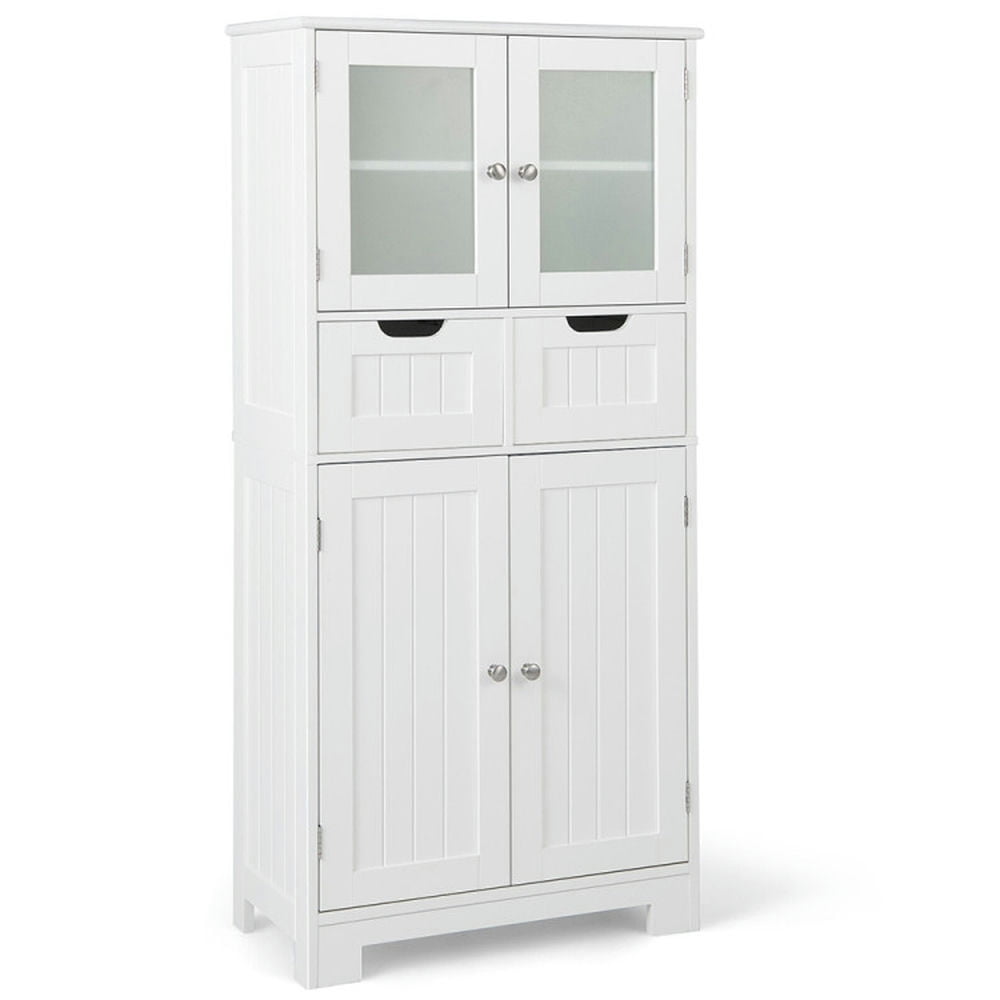 White MDF Living Room Cabinet with Adjustable Shelving and Glass Doors