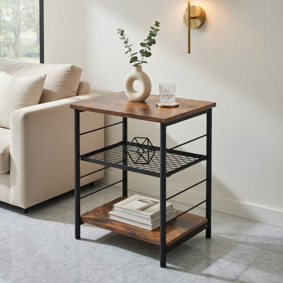 GVN 3-Tier Industrial Side Table with Adjustable Mesh Shelf-Rustic Brown