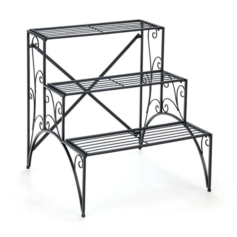 GVN 3-Tier Metal Plant Stand with Widened Grid Shelf for Porch Garden-Black, Flower Plant Shelf Holder for Planter Corner Garden Balcony Patio