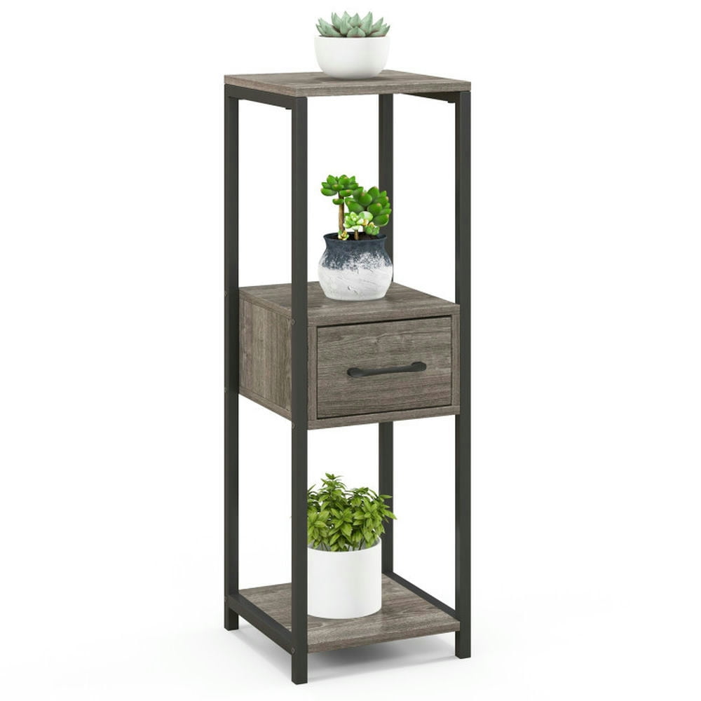 Gray and Black 3-Tier Metal Plant Stand with Drawer