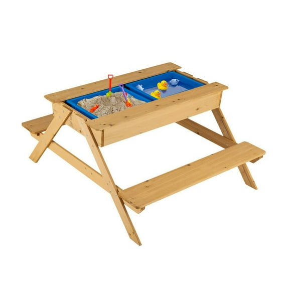 GVN 3-in-1 Kids Picnic Table Wooden Outdoor Water Sand Table with Play Boxes, Kids Desk and Chair Set for Arts & Crafts, Snack Time, Homeschooling, Homework