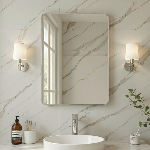 GVN 30*22" Rectangle Rounded Corner Bathroom Vanity Mirror with Silver Metal Frame, Wall Mirror for Bathroom, Living Room, Dormitory, Silver