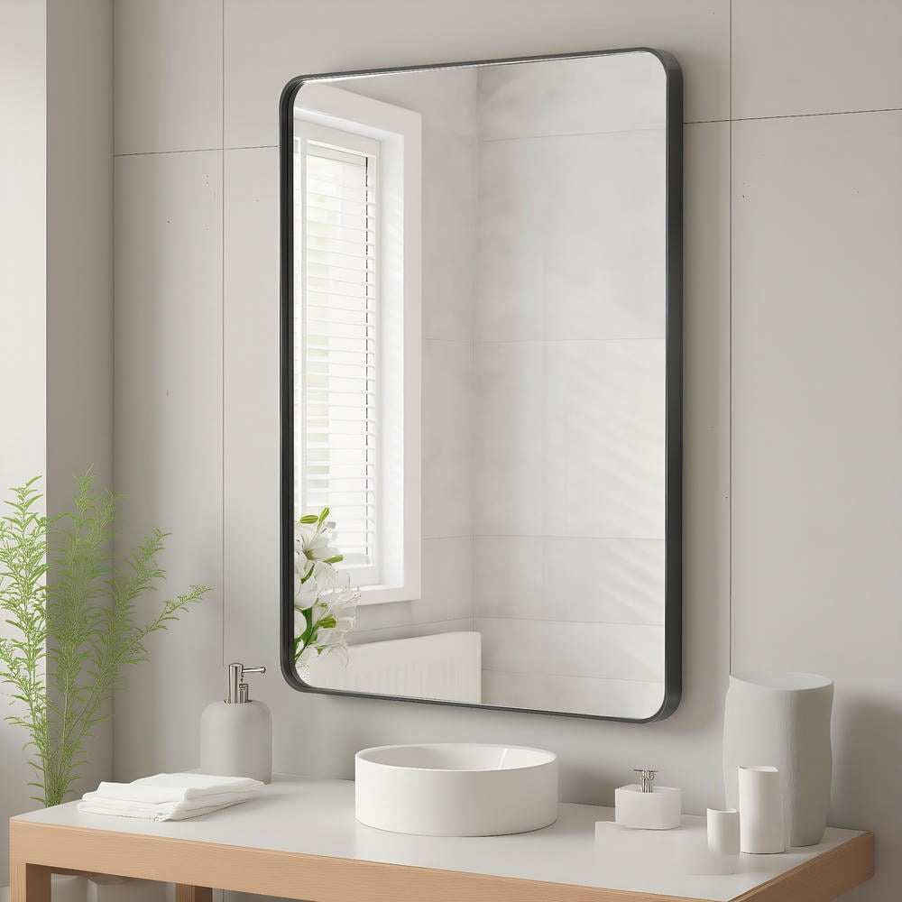 GVN 32*24" Rectangle Rounded Corner Bathroom Vanity Mirror with Black ...