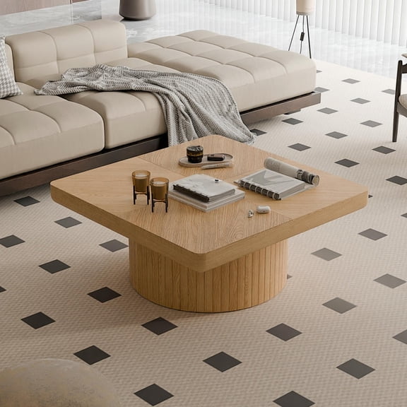 GVN 34.6 Inch Square Living Room Coffee Table with Modern Parquet Pattern Top, Sturdy Cylindrical Base, Thickened Wood Veneer, Quick Assembly, Natural