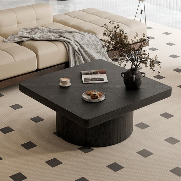 GVN 34.6 Inch Square Living Room Coffee Table with Modern Parquet Pattern Top, Sturdy Cylindrical Base, Thickened Wood Veneer, Quick Assembly, Black