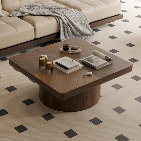 GVN 34.6 Inch Square Living Room Coffee Table with Modern Parquet Pattern Top, Sturdy Cylindrical Base, Thickened Wood Veneer, Quick Assembly, Walnut