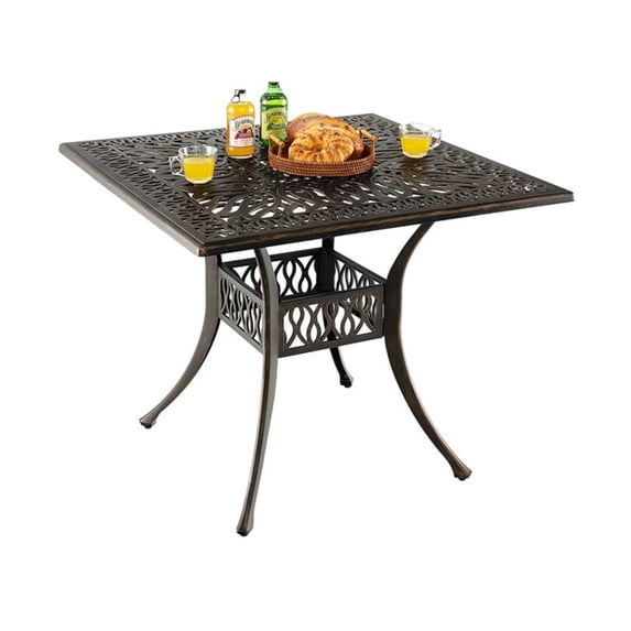 GVN 35.4 Inch Aluminum Patio Square Dining Table with Umbrella Hole-Bronze