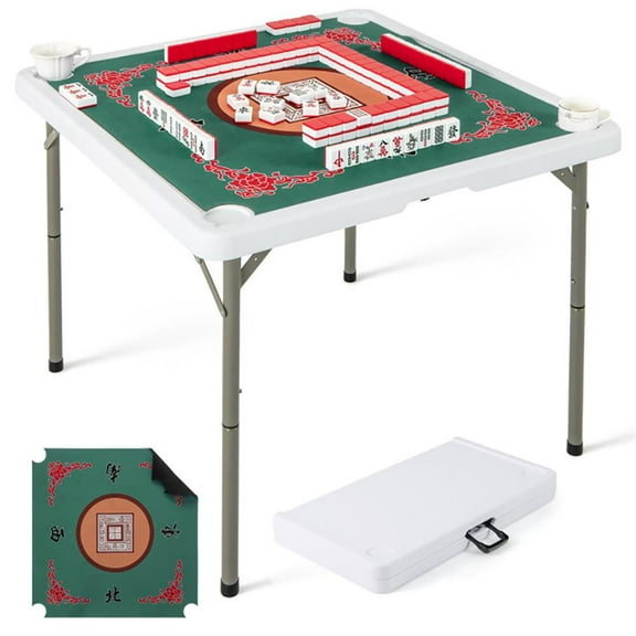 GVN 35 Inch 4 Player Game Card Folding Mahjong Table with Cup Holders-Light Green