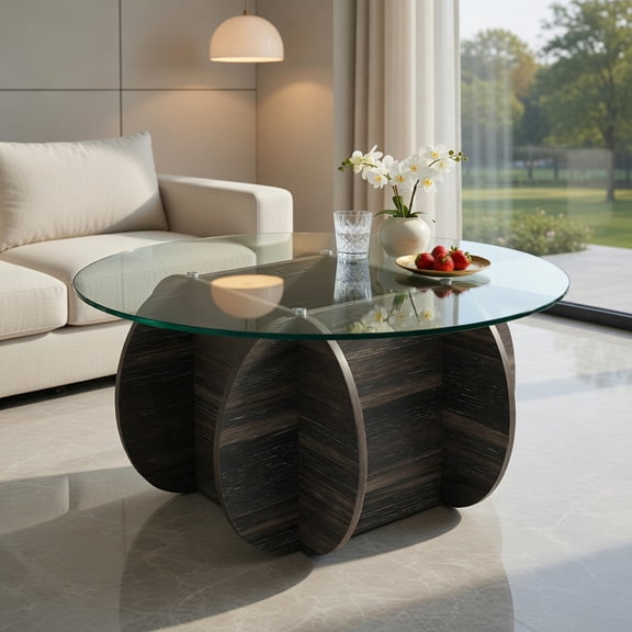 GVN 35 Inch Round Coffee Table with Tempered Glass Top, Solid Wood Base and Unique Circle Design for Modern Living Room Center Table, Black