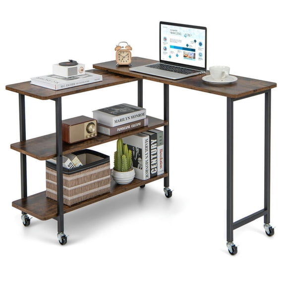GVN 360° Rotating Sofa Side Table with 2-Tier Storage Shelves-Rustic Brown, Desk for Bedroom, Gaming Computer Desks for Study,Working,Writing