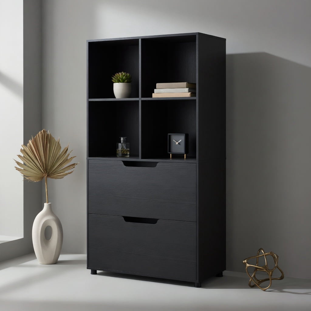 GVN 4-Cube Bookcase Storage Shelves with 2 Drawers, 51Inch 5-Tier Freestanding Bookshelf Stand for Living Room, Bedroom, Office Room, Study Room, Black
