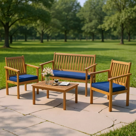 GVN 4 Piece Patio Wood Furniture Set Acacia Wood Sofa Set, Deluxe Outdoor Patio with Loveseat-Off Navy