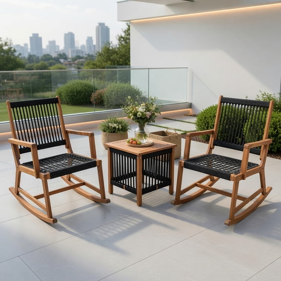 GVN 4 Pieces Acacia Wood Patio Conversation Table and Chair Set, Patio Conversation Sets with Hand Woven Rope