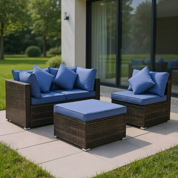 GVN 4 Pieces Ottoman Garden Patio Rattan Wicker Furniture Set with Cushion-Navy, Outdoor Sofa Sectional , Coffee Table for Patio Back Deck, Balcany, Poolside