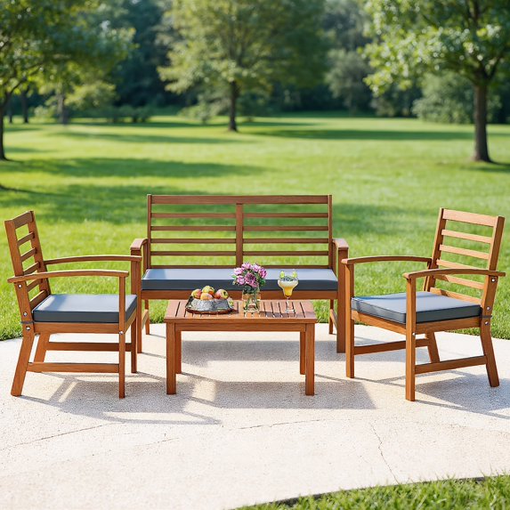 GVN 4 Pieces Outdoor Furniture Set, Deluxe Outdoor Patio with Stable Acacia Wood Frame-Gray