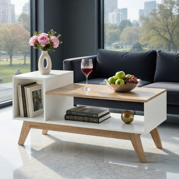 GVN 43 Inch Coffee Table with Stepped Tabletop Design, Storage Compartments for Living Room, Lounge, Family Room Center Furniture Piece, White