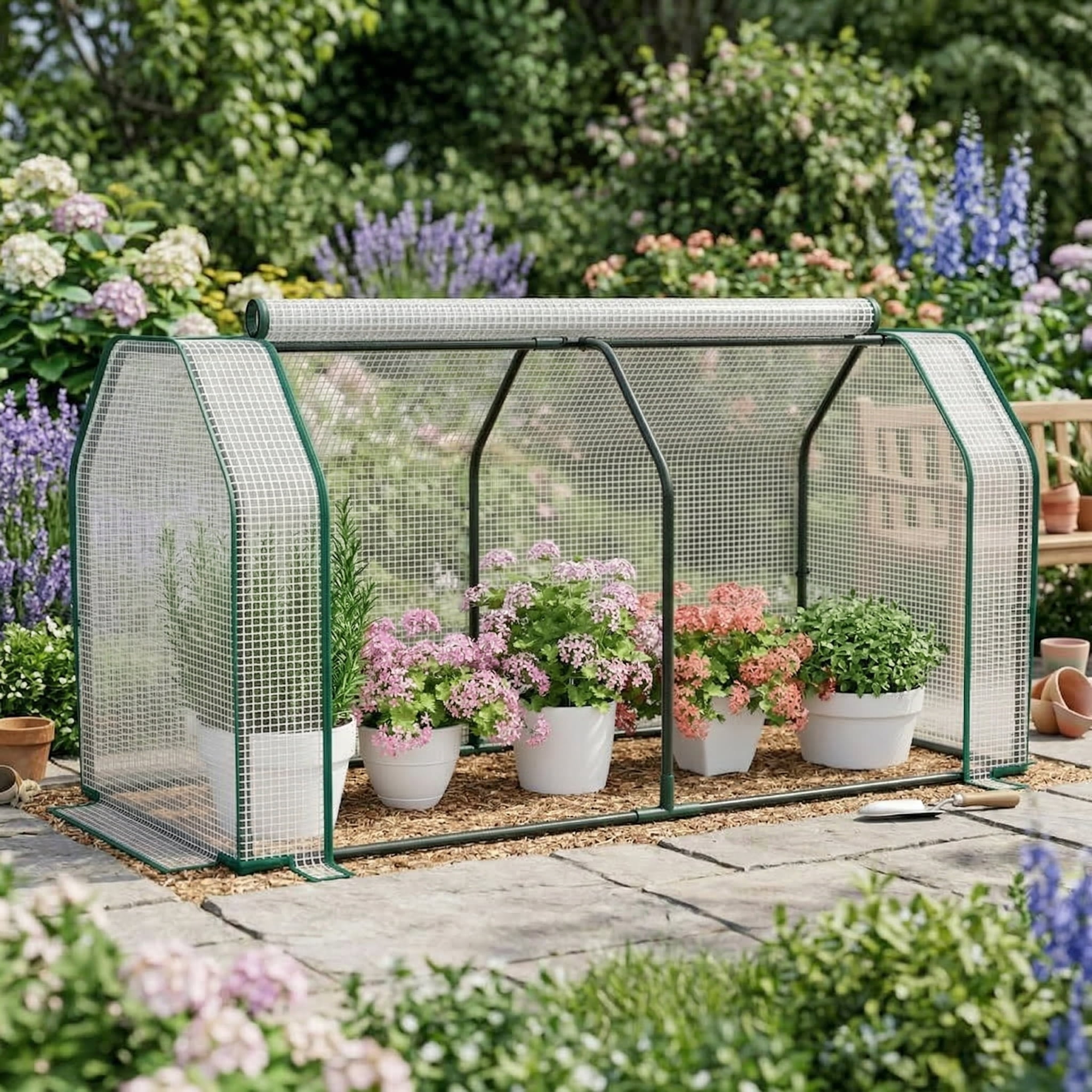 GVN 47.5 x 21.5 x 24 Inch Mini Greenhouse with Roll-up Zipper Door, Walk-in Green House, Portable Greenhouse with Shelves for Planting and Storage