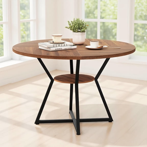 GVN 47" Round Dining Table Large Kitchen Table for 4 People with Storage Shelf for Kitchen Dining Room Living Room Gathering Furniture, Brown