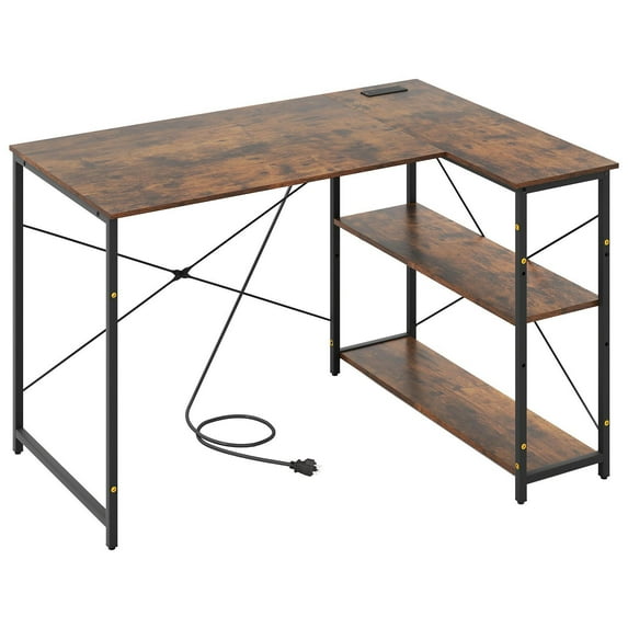 GVN 47Inch L-shaped Reversible Corner Computer Desk with Adjustable Storage Shelves, Study Writing Table for Home Office, Living Room, Study Room, Bedroom, Rustic Brown