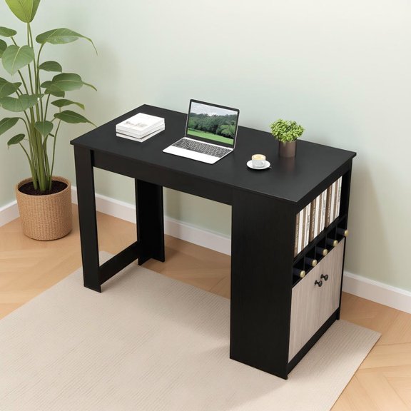 GVN 48 Inch Bar Table with Storage Cabinet, Wine Rack and Sturdy Top for Home Bar, Kitchen, Dining Room Entertainment Center, Black