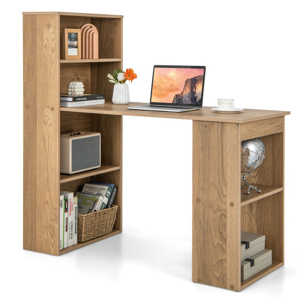 Safe Computer Desk GVN 48 Inch Computer Desk with 4-Tier Bookcase and CPU Stand-Natural ...