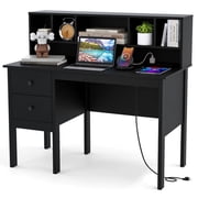 GVN 48 Inch Computer Desk with Drawers Power Outlets-Black, Desk for Bedroom, Gaming Computer Desks for Study,Working,Writing