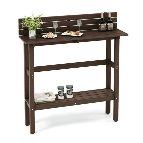 GVN 48 Inch Patio Pub Height Table with Storage Shelf and Adjustable Foot Pads-Brown