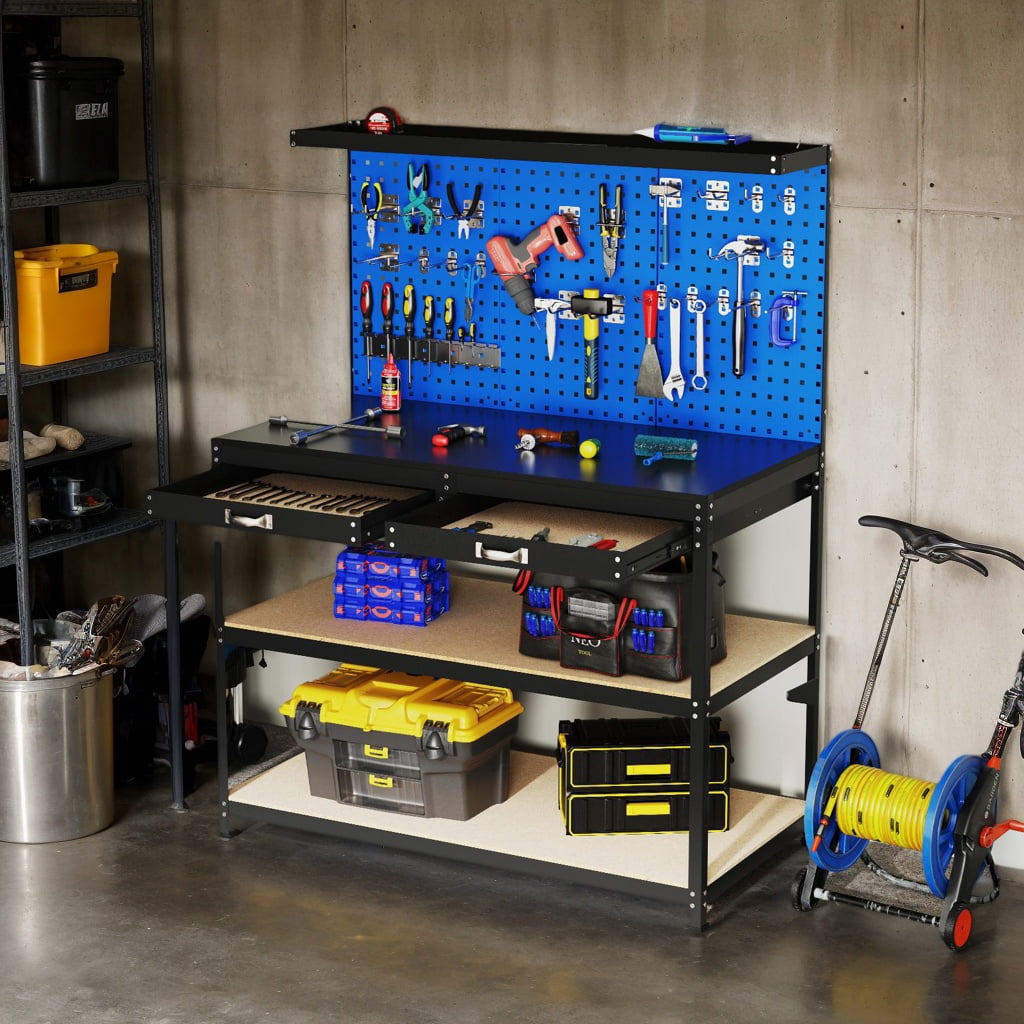 GVN 48 x 24 Inch Workbench Work Table with 3 PCs Pegboard Drawer and ...