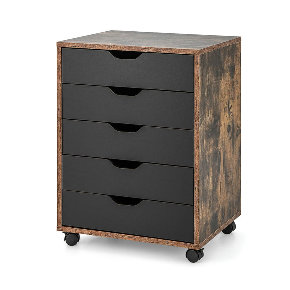 GVN 5 Drawer Mobile Lateral Filing Storage Home Office Floor Cabinet with Wheels-Rustic Brown, Rolling Storage Cart, Multipurpose Organizer Cart for Home, Office, School