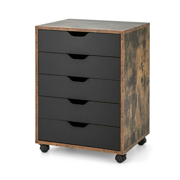 GVN 5 Drawer Mobile Lateral Filing Storage Home Office Floor Cabinet with Wheels-Rustic Brown, Rolling Storage Cart, Multipurpose Organizer Cart for Home, Office, School