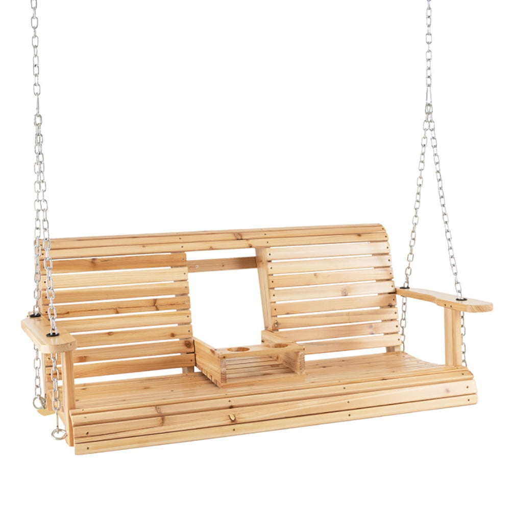 GVN 5 Feet Porch Swing Chair with Adjustable Chains and Foldable Cup Holders, Porch Swing Hanging Bench, Outdoor Swing Bench for Patio, Yard, Garden