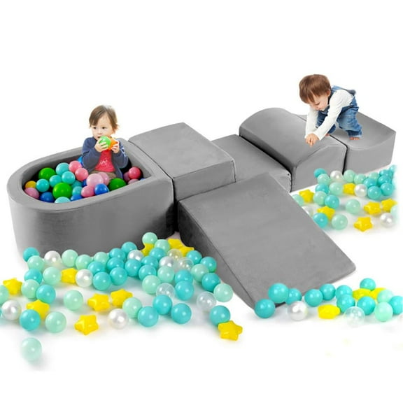 GVN 5-Piece Climb and Crawl Playset with Ball Pit for Kids-Gray