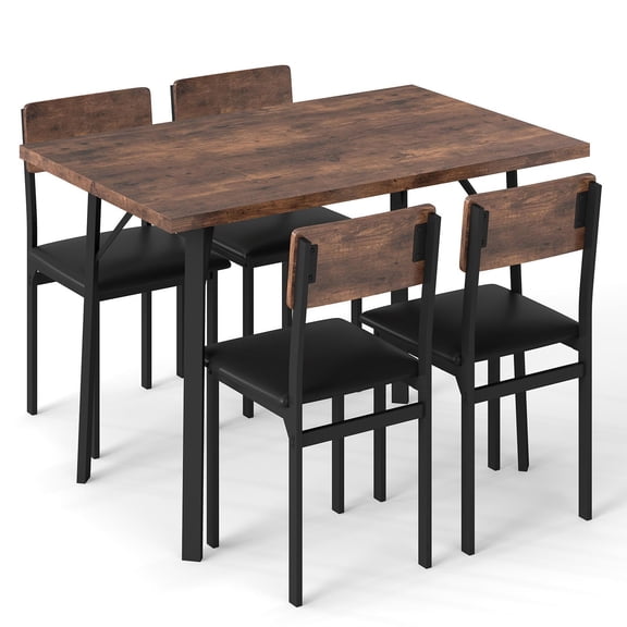 GVN 5-Piece Dining Sets with Industrial Kitchen Table and 4 PU Leather Chairs, Table Sets for Dining Room, Living Room, Restaurant, Brown