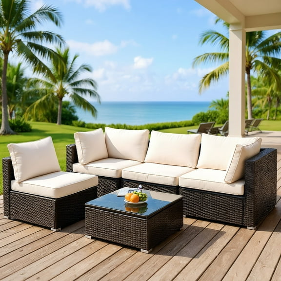 GVN 5 Pieces Cushioned Patio Rattan Furniture Set with Glass Table-White, Outdoor Sofa Sectional , Coffee Table for Patio Back Deck, Balcany, Poolside
